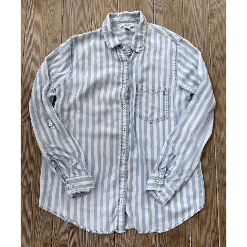 Women’s Forever 21 Striped Button Up Blue & White Long Sleeve Shirt Size Small